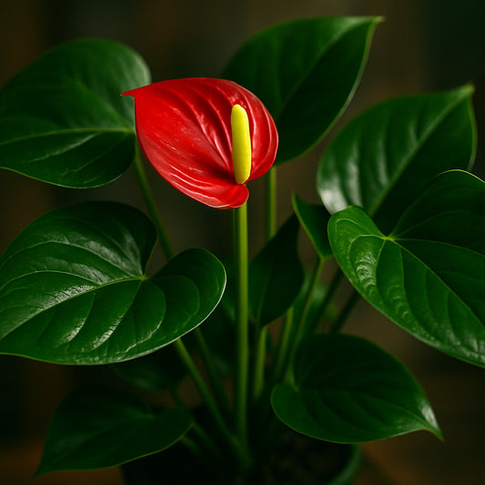 A close-up photo of a healthy anthurium plant with vibrant green leaves and a blooming red spathe, ideal for propagation. Alt: Healthy anthurium for propagation with glossy foliage and bright flower