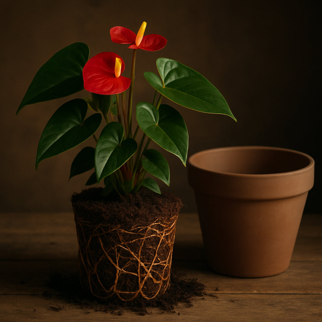 A healthy anthurium plant showing rootbound signs next to a slightly larger pot ready for repotting. Alt: Anthurium repotting preparation with visible root ball and new pot.