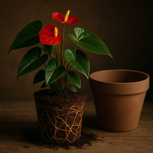 A healthy anthurium plant showing rootbound signs next to a slightly larger pot ready for repotting. Alt: Anthurium repotting preparation with visible root ball and new pot.