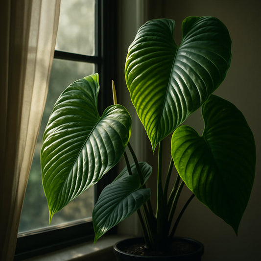 A lush Anthurium veitchii plant placed near a bright window with filtered sunlight, its large pleated leaves glowing in the soft light. Alt: Anthurium veitchii thriving in optimal bright, indirect light conditions.