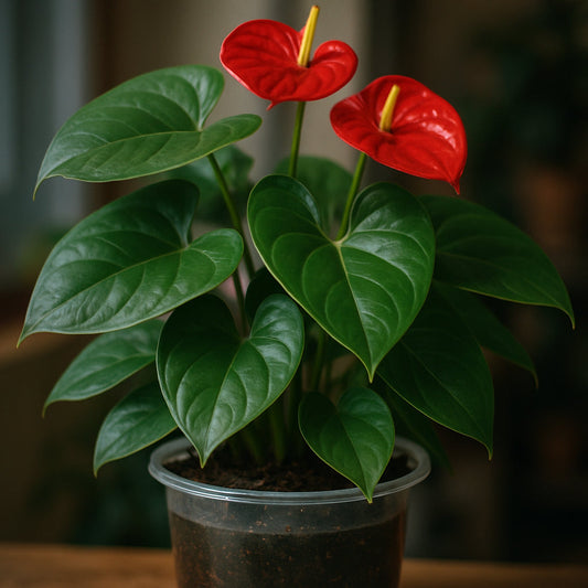 A lush indoor anthurium plant in a clear plastic pot, showing moist soil and healthy green leaves. Alt: Healthy anthurium in a well-drained pot highlighting proper anthurium watering techniques.