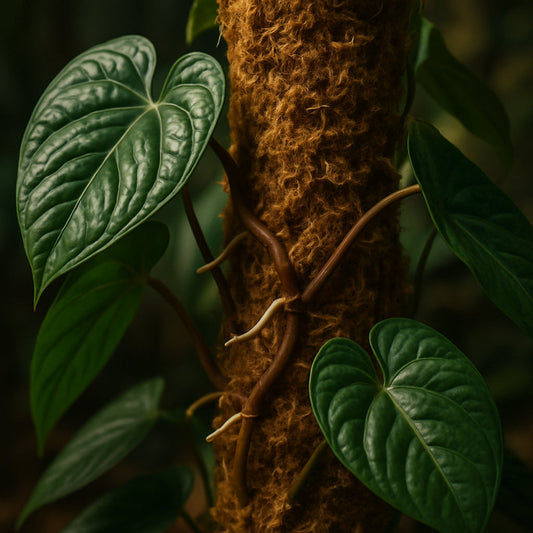 A close-up shot of a lush anthurium climbing a thick moss pole wrapped in natural sphagnum moss with visible aerial roots gripping the pole. Alt: Best moss pole for supporting lush anthurium and aroids with moist, textured surface.
