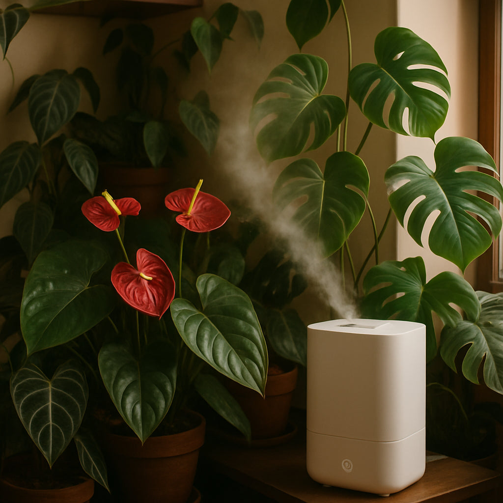 A cozy indoor plant corner featuring lush anthuriums and aroids thriving next to a small modern humidifier. Alt: humidifier for plants creating ideal humidity for thriving anthuriums and tropical aroids indoors.