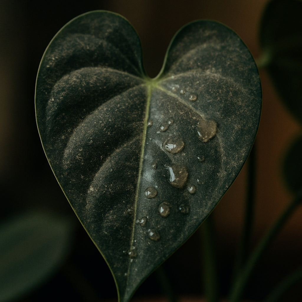Close-up of a houseplant leaf with visible dust and some sticky residue on its surface. Alt: Detailed view of a dusty and slightly sticky plant leaf before cleaning.