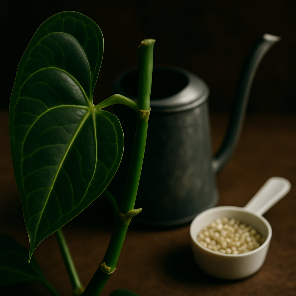 A close‑up of a healthy houseplant leaf with visible growth nodes, showing a watering can and fertilizer scoop beside it. Alt: Assess plant growth cycle for fertilizing houseplants