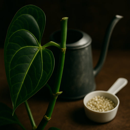 A close‑up of a healthy houseplant leaf with visible growth nodes, showing a watering can and fertilizer scoop beside it. Alt: Assess plant growth cycle for fertilizing houseplants