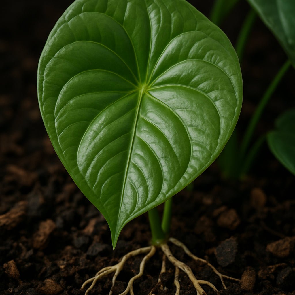 Close-up shot of a lush anthurium leaf showing vibrant green hues, with roots visible in rich, chunky organic soil mix. Alt: A healthy anthurium plant thriving in nutrient-rich aroid fertilizer and organic soil mix.