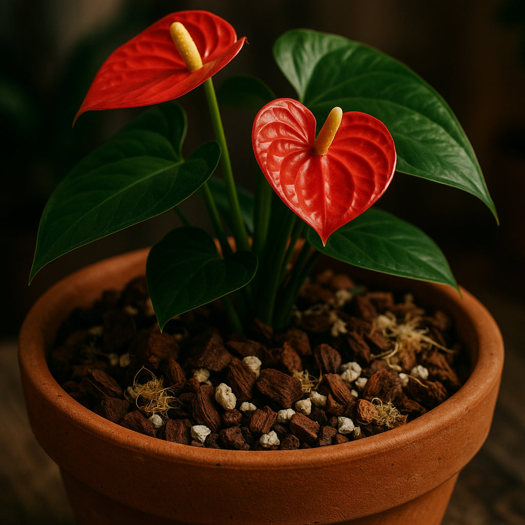 A vibrant Anthurium plant flourishing in a chunky, airy anthurium potting mix composed of orchid bark, perlite, and sphagnum moss. Alt: Anthurium plant potted in ideal soil-less anthurium potting mix emphasizing aeration and drainage.