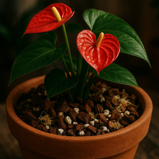 A vibrant Anthurium plant flourishing in a chunky, airy anthurium potting mix composed of orchid bark, perlite, and sphagnum moss. Alt: Anthurium plant potted in ideal soil-less anthurium potting mix emphasizing aeration and drainage.