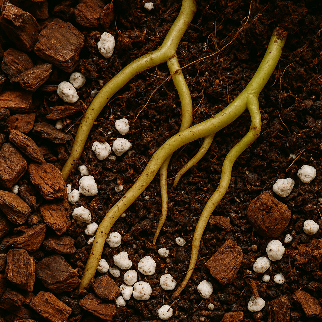 Close-up of a well-draining, airy anthurium soil mix showing components like bark, perlite, and coco coir, with healthy anthurium roots visible. Alt: Detailed view of an ideal anthurium soil mix including organic matter and drainage materials.