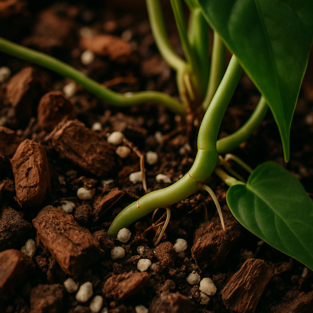 Close-up of rich, airy aroid potting mix featuring pine bark, perlite, and coco coir with healthy anthurium roots thriving. Alt: Aroid potting mix with chunky bark and perlite supporting lush anthurium growth.