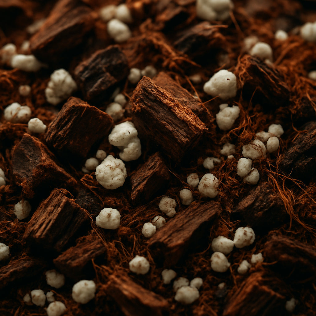 Close-up of airy, chunky aroid soil mix with visible bits of bark, perlite, and coco coir. Alt: Aroid soil mix showing chunky texture and organic components ideal for aroid plant health.