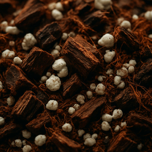 Close-up of airy, chunky aroid soil mix with visible bits of bark, perlite, and coco coir. Alt: Aroid soil mix showing chunky texture and organic components ideal for aroid plant health.