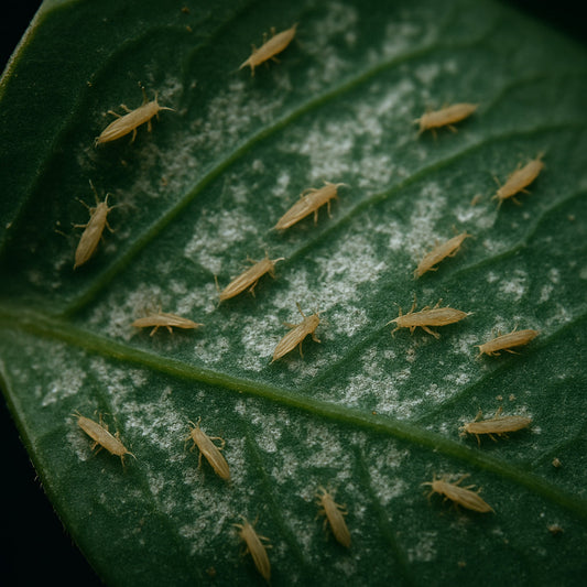 A close-up photograph of thrips on the underside of a houseplant leaf showing silvery damage spots and tiny insects. Alt: Close-up of thrips on houseplant leaf with silvery damaged spots caused by thrips feeding.
