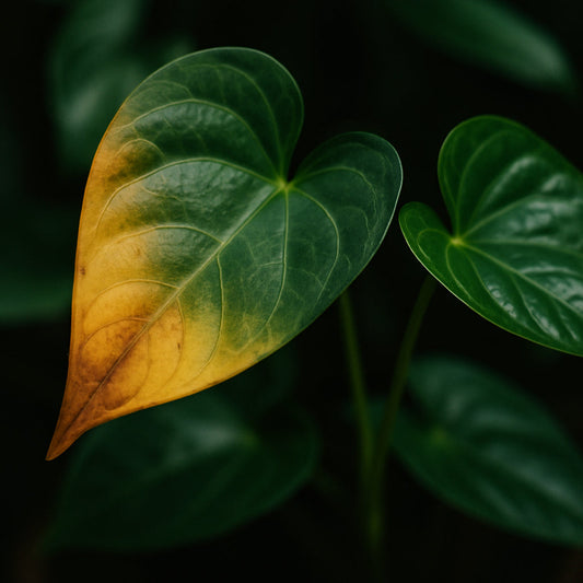 Close-up of an anthurium leaf showing yellowing tips and healthy new growth nearby. Alt: Anthurium yellow leaves with healthy green foliage illustrating early signs of stress.