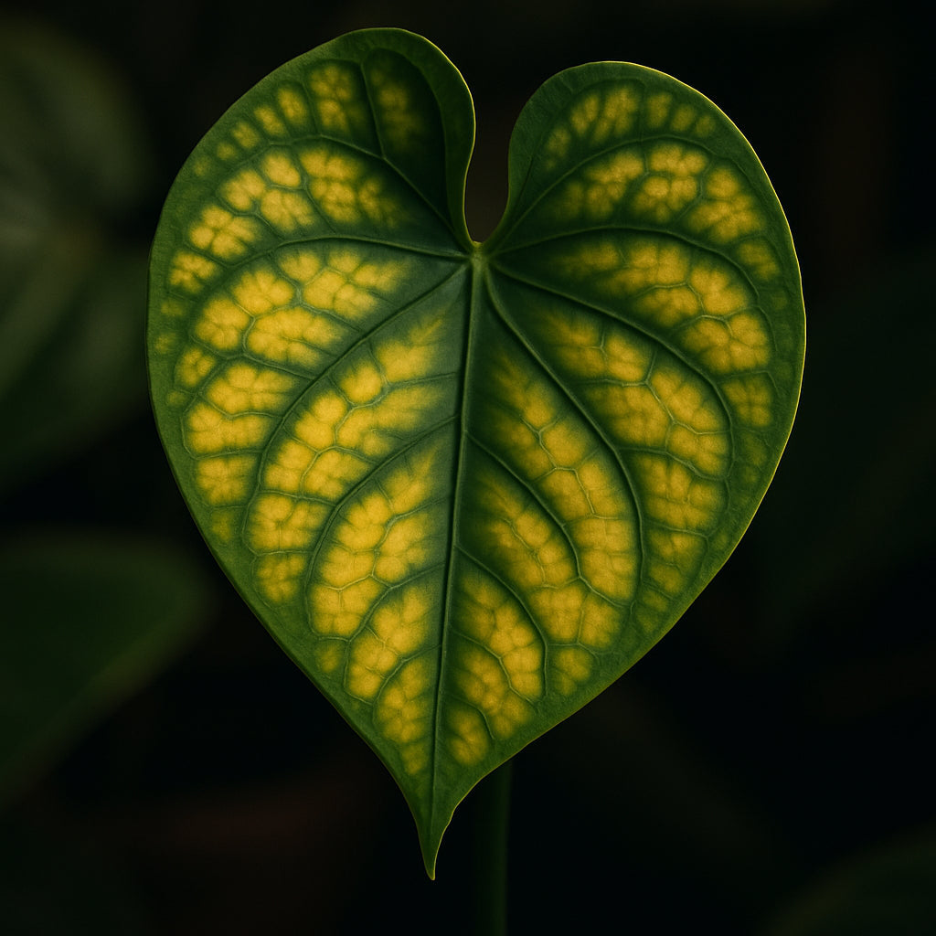 A close‑up of an anthurium leaf showing interveinal yellowing with green veins, highlighting magnesium deficiency. Alt: Magnesium deficiency in houseplants causing yellow interveinal leaf spots