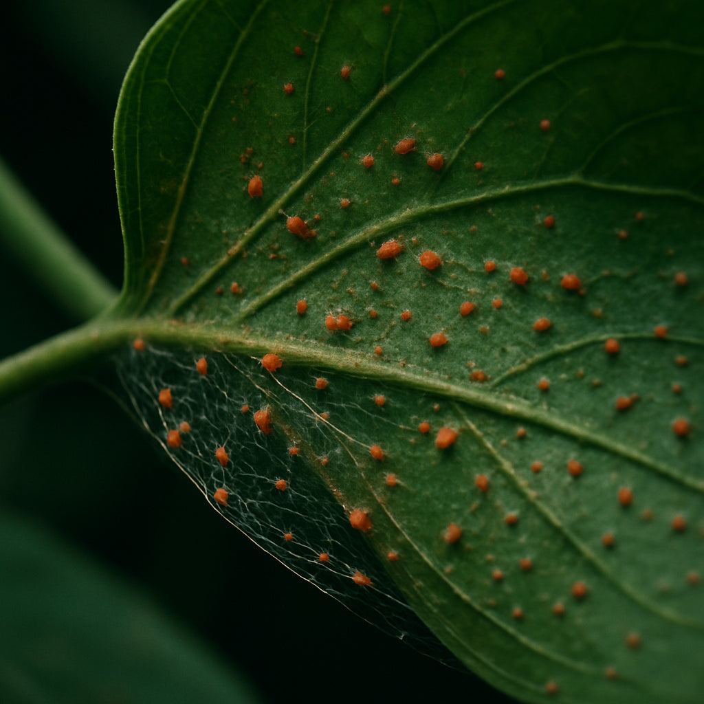 A close-up of a houseplant leaf underside showing tiny spider mites and delicate spider webs. Alt: Close view of spider mites on houseplants with webbing visible beneath leaf.