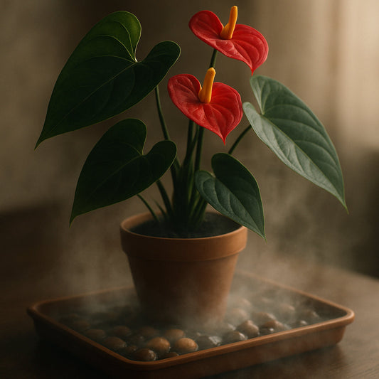 A humidity tray beneath an Anthurium plant, with water and pebbles visible, creating a misty, cozy microclimate. Alt: Humidity tray for plants under an Anthurium creating a moist indoor environment.