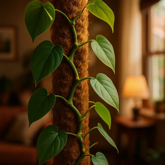 A vibrant philodendron vine climbing a lush, sphagnum moss pole inside a cozy indoor setting. Alt: Philodendron climbing a sphagnum moss pole, showing aerial roots gripping the moist surface.