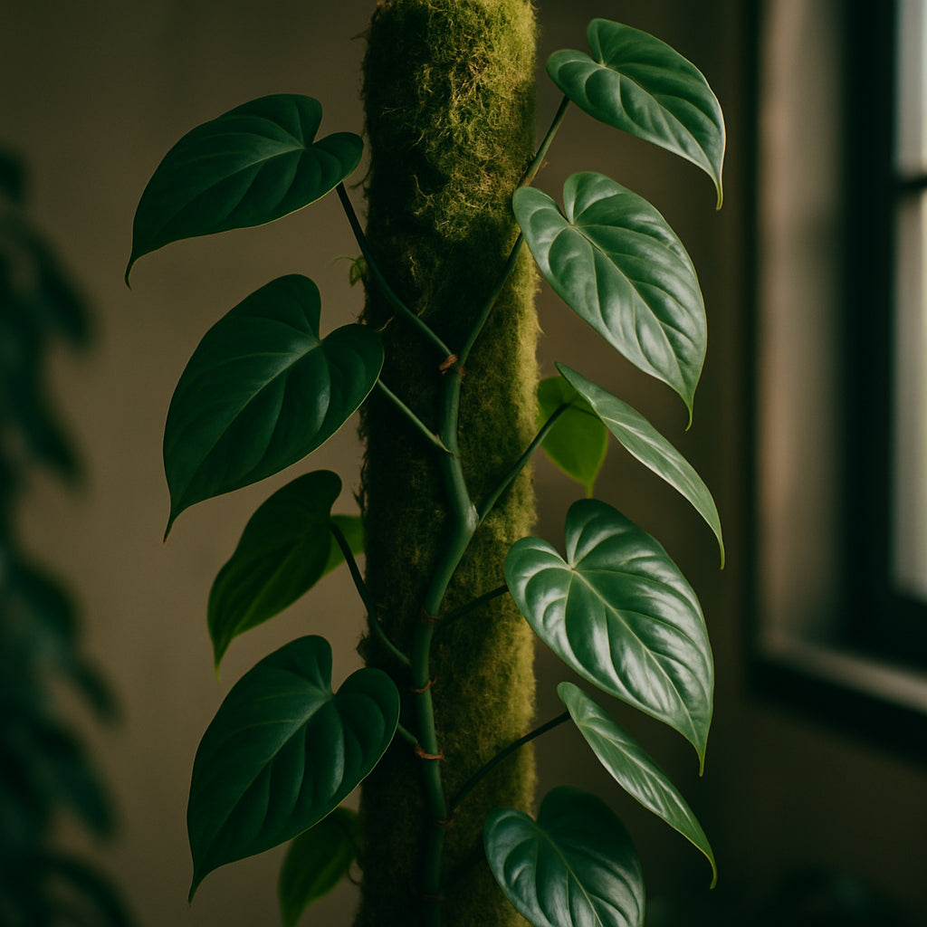 A philodendron plant climbing a healthy, vibrant sphagnum moss pole indoors. Alt: Moss pole for philodendron supporting lush green climbing plant.