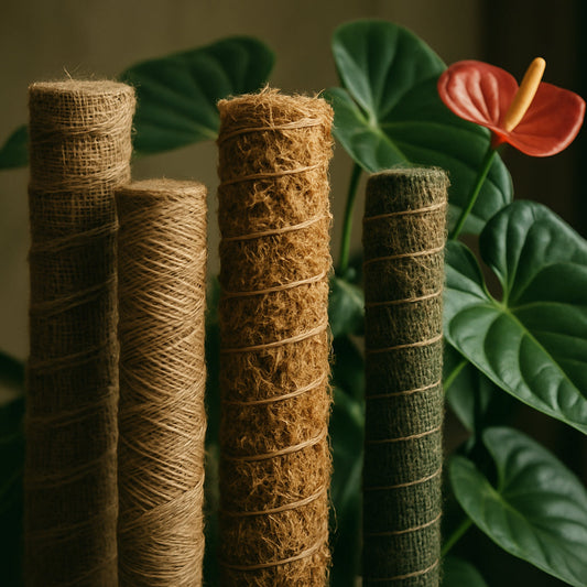 A close-up photo of different moss poles of varying sizes and materials near a thriving anthurium plant. Alt: Choosing the right moss pole for healthy climbing Anthurium and aroids.