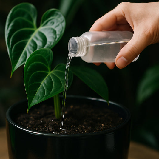 A close‑up of a hand pouring a clear magnesium‑rich solution onto the soil surface of a glossy aroid pot. Alt: Applying magnesium fertilizer to houseplants for healthy foliage
