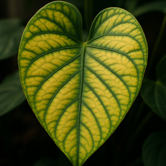 A close‑up of a houseplant leaf showing interveinal chlorosis, with the healthy green veins contrasting against yellowed tissue. Alt: interveinal chlorosis magnesium deficiency houseplant leaf