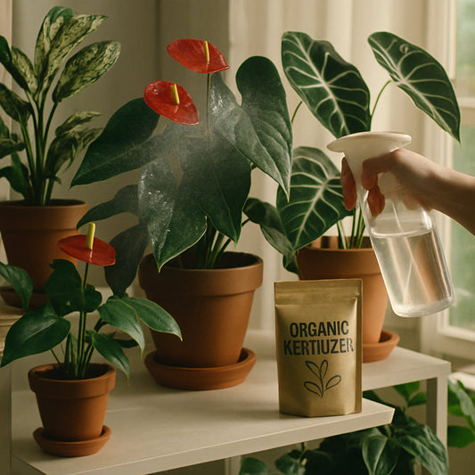 A bright indoor garden shelf with a variety of houseplants, some being misted, and a small bag of organic fertilizer beside them. Alt: Choosing the right organic fertilizer for houseplants with thriving anthuriums and aroids.