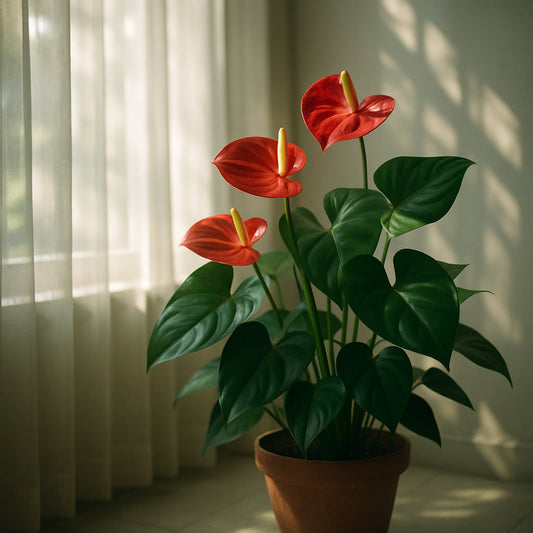 A bright indoor space featuring an anthurium placed near a window with sheer curtains allowing filtered light. Alt: Anthurium plant thriving in ideal bright indirect light conditions indoors.