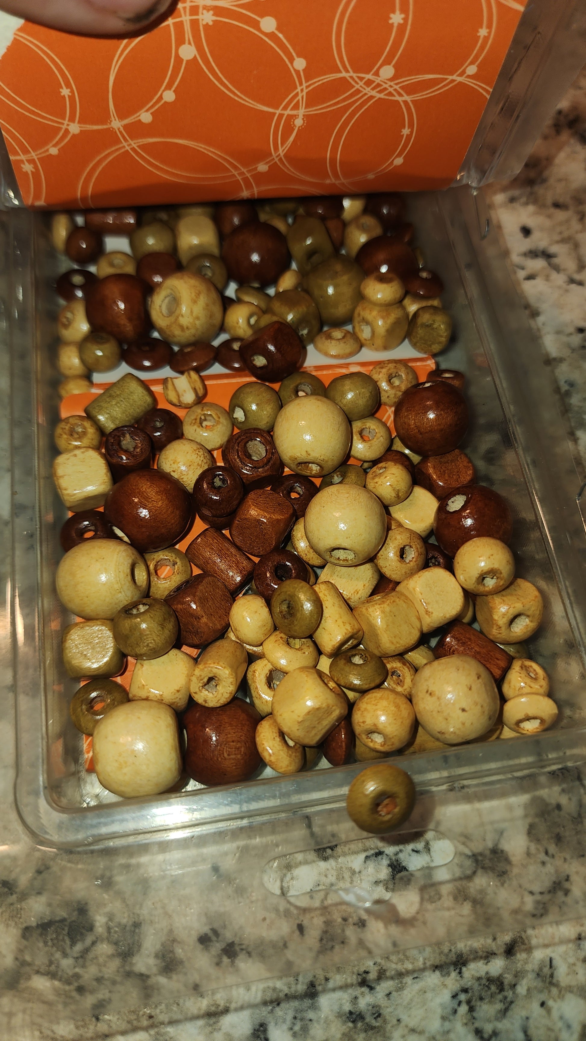 The FAS Plant Charms set features assorted polished wood beads in various shapes and earthy tones like brown, beige, tan, and olive, all held in a clear plastic container on a speckled countertop.