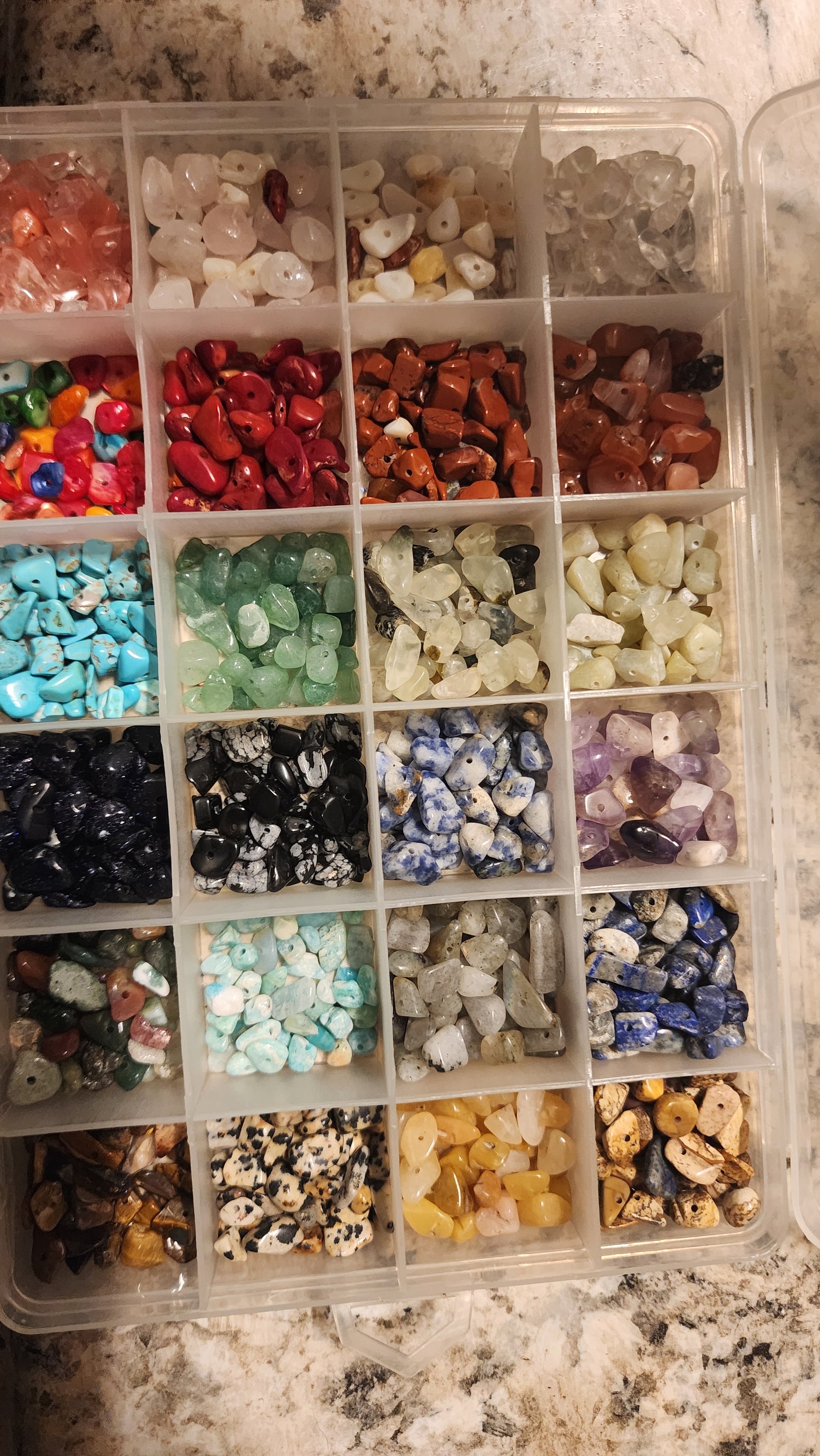 FAS Plant Charms: A plastic organizer box with 20 compartments, each holding small, polished Plant Charms crystals in assorted colors—red, green, blue, black, white, yellow, and brown—neatly arranged on a marble surface.