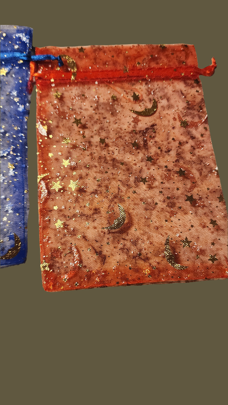 FAS 3 Plant Flower Bags: Includes blue and red small organza bags with gold glitter moons and stars, each featuring a matching drawstring. Made from breathable material—ideal for gifts or storing keepsakes.