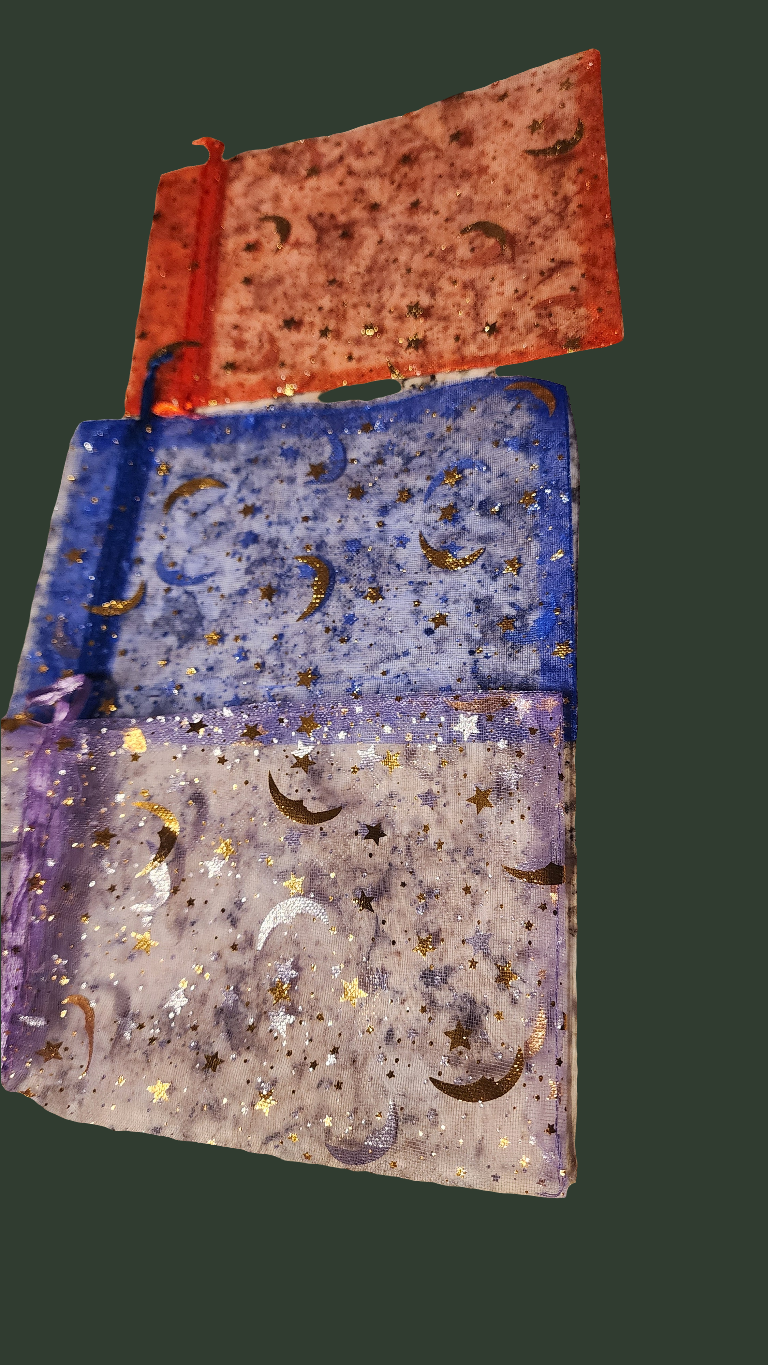 The FAS 3 Plant Flower Bags feature red, blue, and purple mesh designs with star and moon patterns. Overlapping on a dark background, these breathable bags keep flowers fresh.